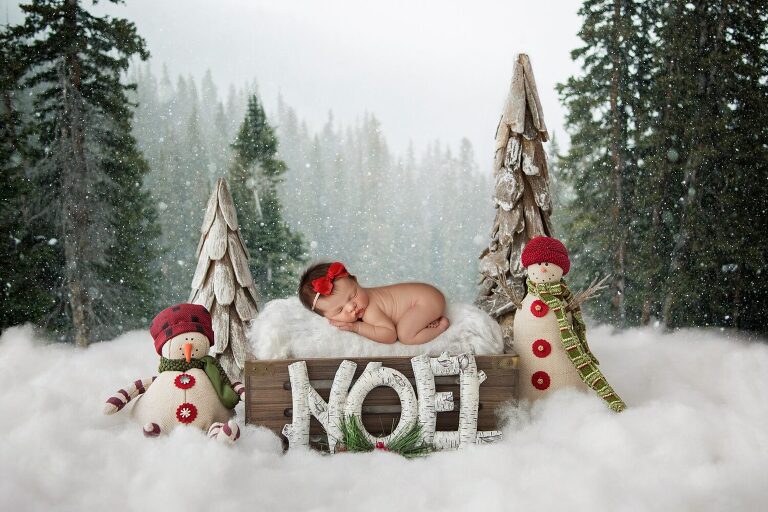 christmas newborn pictures, baby girl asleep in snowscape